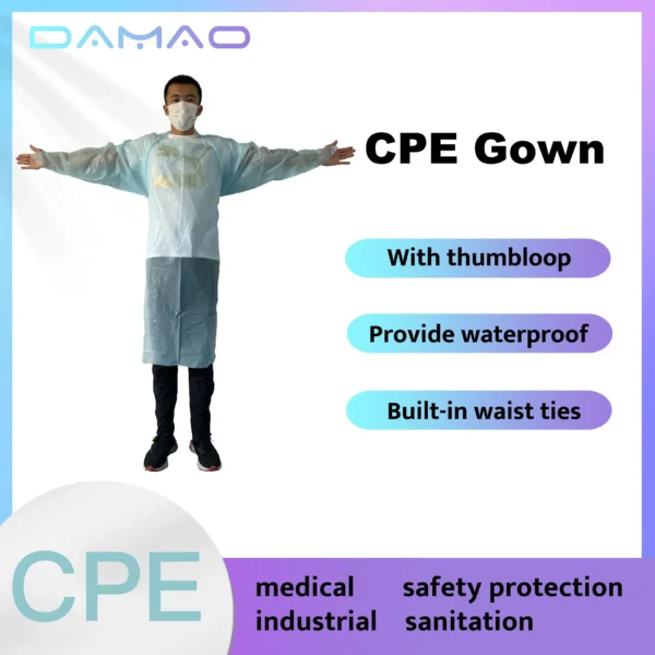 The image displays a person wearing a CPE gown, which is being promoted for its features like thumb loops, waterproof material, and built-in waist ties. The gown offers effective protection for medical, industrial, safety, and sanitation purposes. Text on the image highlights these key features: With thumb loop Provides waterproof protection Built-in waist ties The gown is marketed as a CPE (Chlorinated Polyethylene) gown by the brand "DAMAO," and it's recommended for various safety and protective needs.