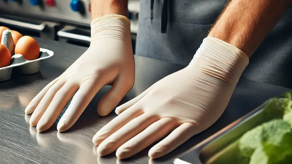 Person wearing gloves beside eggs and vegetables